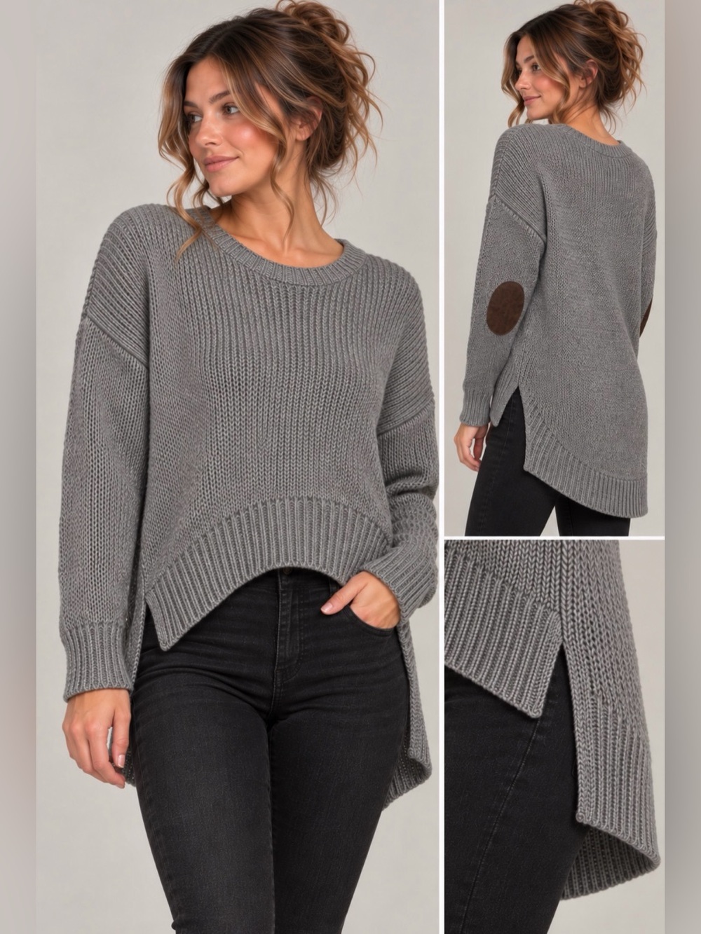 Harper Heritage Gray Knit Sweater Brown Suede Elbow Patches